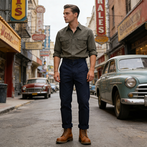 <b>Men's</b> 100% Cotton <b>Herringbone</b> <b>Trousers</b> Vintage Wide Leg Pants Casual Workwear Zipper Work Pants Wholesale - Product Image 4
