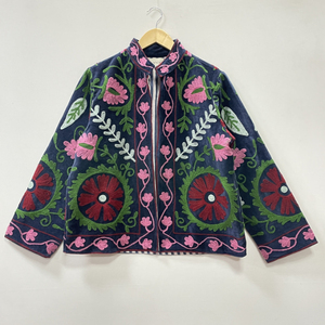 Bohemian Floral Embroidered Woven 100% Cotton Velvet Bomber Jacket Windproof Breathable Suzani Stand Collar Medium Length - Product Image 1