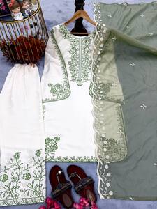 Ensemble Kurta et pantalon brodés en verre romain pour femme, avec dupatta en organza, idéal pour les fêtes d'été et d'hiver |   Salwar Kameez moderne avec broderie florale - Product Image 3