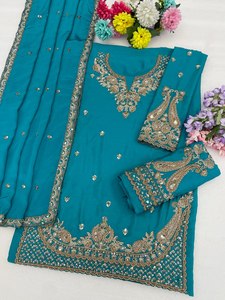 Turquoise Embroidered Salwar Kameez Set Long Sleeve <b>Top</b> <b>Net</b> Dupatta Indian Pakistani Wedding Outfit - Product Image 4