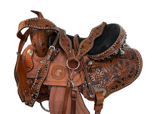 Selle western en cuir de cowboy, motif floral fait main, assise souple pour l'équitation, le travail à la ferme et les sorties sur sentier, livrée avec étriers. - Product Image 4