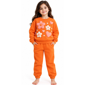 <b>Kids</b> Fleece Tracksuit Orange Crewneck Sweatshirt Jogger Pants Ribbed Edge Soft Fleece Custom Wholesale <b>Clothing</b> Manufacturer OEM - Product Image 1