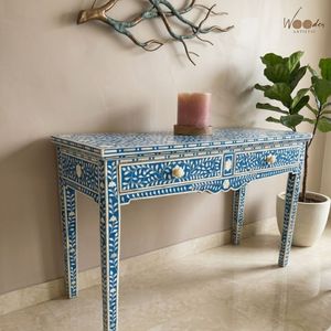 Mesa Consola Moderna de Lujo Nórdica Azul y Blanca con Incrustaciones de Hueso y Cajones para Sala de Estar, Entrada y Decoración del Hogar - Product Image 2