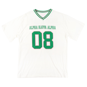 เสื้อยืดฟุตบอลทรงโอเวอร์ไซส์ผ้าเชนิลล์สีงาช้าง แบรนด์ AKA สำหรับสตรี  ชุดนักกีฬามหาวิทยาลัยกรีก ผลิตจากผ้าฝ้ายพรีเมียม - Product Image 1