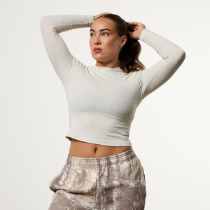 Women Cropped Long Sleeve Top Crew Neck Solid Color Knitted Spandex Cotton <b>Blend</b> Casual Wear - Product Image 1