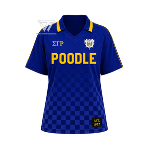 เสื้อโปโลฟุตบอลแบบสปอร์ต คอวี ลายตารางหมากรุก สำหรับสตรี  แบบสั่งทำพิเศษสำหรับชมรมกรีก Sigma Gamma Rho ขายส่ง - Product Image 1
