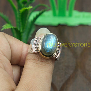 Anillo de cabujón de labradorita natural, plata 925, hecho a mano, latón, cobre, joyería artesanal estilo boho, anillo artesanal para mujeres y hombres - Product Image 3