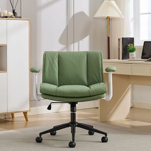 Chaise de bureau en cuir à position jambes croisées avec accoudoirs rabattables et roulettes pivotantes, design confortable avec assise large - Product Image 1