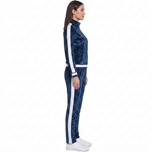 Conjunto Deportivo Ligero y Transpirable de Terciopelo Azul Marino para Mujer, Chaqueta con Cierre Completo y Cuello Alto, Pantalones con Rayas Blancas, Atuendo Casual de Otoño - Product Image 5