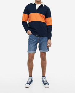Short en jean délavé coupe droite décontractée pour homme, taille mi-haute, respirant, avec détails usés - Product Image 1
