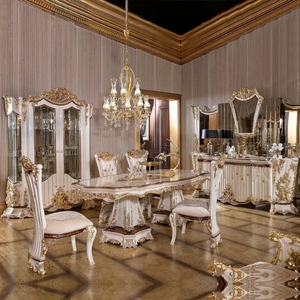 European Style Mahogany Hand Carved Antique Dining <b>Table</b> Furniture with <b>Buffet</b> Mirror and Display Cabinet for Large Villa & Home - Product Image 1