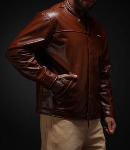 Veste en cuir véritable marron pour homme, col montant classique, boutonnée, décontractée, pour l'hiver, de qualité supérieure, élégante et tendance - Product Image 4