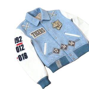 High Quality Men's Custom Logo Cow Skin Leather Sleeves Wool Body Bomber Varsity Jacket Waterproof Windproof <b>Hip</b> Hop Streetwear - Product Image 4