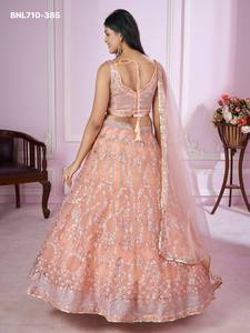Best Quality Heavy Soft Net with Badla, Thread, Sequins & Zari Embroidered A-Line Peach Lehenga-Choli Set At Wholesale Rate - Product Image 3