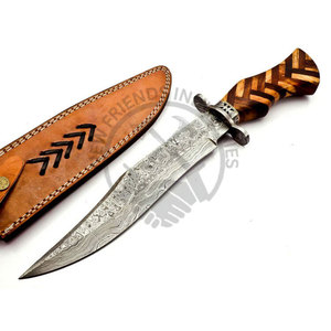Nouveau Couteau de Chasse Artisanal Haut de Gamme avec Manche en Bois de Rose et Acier Damas, Lame Tranchante Type Bowie, avec Étui, pour Camping, Survie, Randonnée en Plein Air - Product Image 1