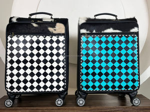 Premium Cowhide Checkered Leather Rolling Suitcases Custom Handmade Multi-Functional Travel <b>Trolley</b> Bag with Spinner Wheels - Product Image 5