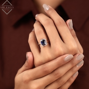 Anillo de lujo con halo de diamantes y zafiro azul, oro amarillo, gema de corte esmeralda, joyería de compromiso nupcial, regalo para mujer, proveedor. - Product Image 6