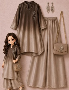 Ensemble pantalon et kurta en satin de rayonne pour femme, style modeste, orné de strass, couleur unie, pour usage quotidien, style Inde-Pakistan - Product Image 1