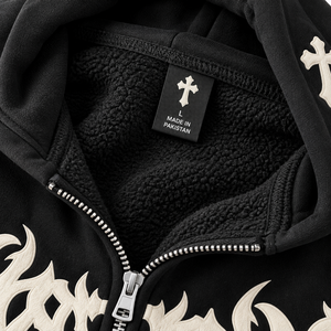 Men's Black <b>Graphic</b> <b>Zip</b> <b>Up</b> <b>Hoodie</b> Cross Print Oversized Gothic Streetwear Fleece Sweatshirt - Product Image 4