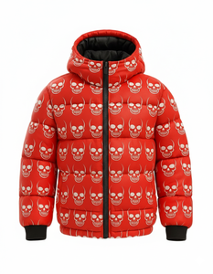 Blouson matelassé à capuche pour homme, imprimé crâne rouge, chaud pour l'hiver, style streetwear, personnalisable, vente en gros - Product Image 3