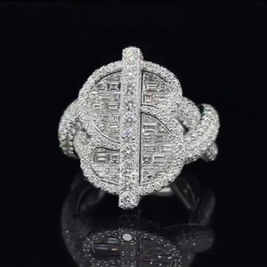 Anillo de Moissanita con Diamantes de Corte Baguette y Redondo para Hombre, Diseño de Signo de Dólar, Plata de Ley 925, Estilo Hip Hop, Banda Trenzada, Anillo Bust Down - Product Image 1