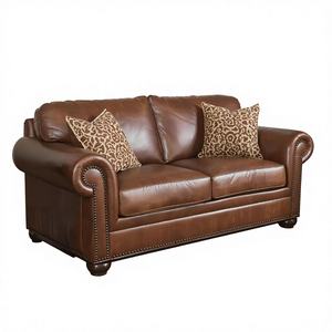 Sofá Loveseat Chesterfield Clásico de Cuero Marrón con Brazos Enrollados y Adornos de Tachuelas, Estilo Vintage, Sofá de 2 Plazas para Sala de Estar - Product Image 1