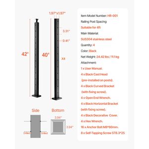 Set di 4 Pali per Ringhiera in Acciaio Inox 42x2x2 con Fori Orizzontali Pre-Forati per Componenti Scale - Product Image 4