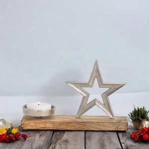 Handmade Aluminum <b>Wooden</b> <b>Star</b> Candle Holder Modern Silver Accent Cozy Decor for Living Room Centerpiece and Festive Ambience - Product Image 1