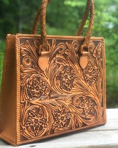 Luxury Handcrafted Floral Tooled Leather Tote Bag with Western Cowhide Accent and Vintage Shoulder Style - Product Image 2