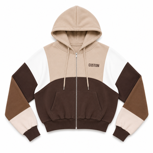 Eco-Friendly Oversized Women's Hoodies Cropped Full Zip Earth Tone Color <b>Block</b> Hoodie 100% Cotton Blend Y2K Hip Hop Streetwear - Product Image 3