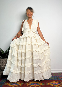 <b>Summer</b> Bohemian Women's Eco-Friendly Floral Print Maxi Dress Deep V-Neck Sleeveless Tiered Ruffle Organic Cotton Beach Party - Product Image 6