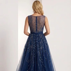 Vestido de Noche Azul Marino de Lujo con Hombros Descubiertos, Adornado con Lentejuelas, de Tul, Corte A, para Fiesta de Graduación, Venta al por Mayor, Ropa Formal de Fiesta para Mujer - Product Image 2
