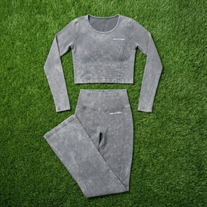 Women Gray Acid Wash Yoga <b>Set</b> <b>Long</b> <b>Sleeve</b> Crop Top High Waist Flare Leggings <b>Gym</b> Fitness Workout Activewear - Product Image 6