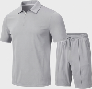 Conjunto de Polo y Pantalones Cortos de Secado Rápido para Hombre, Color Gris Sólido, Media Cremallera, Manga Corta, Ropa Deportiva Informal de Verano, Ligera, de Poliéster - Product Image 1