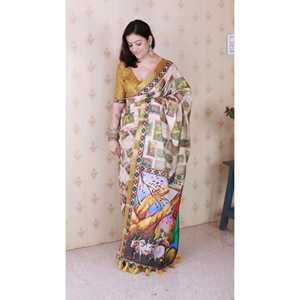 ผ้าไหมทัสซาร์สีทองลายพิมพ์คาลัมคารีแบบหนา สำหรับผู้หญิง พร้อมขอบทอผ้าด้วยไหมซารี - Product Image 3