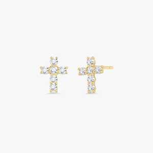 14K Gold Round Cut Lab Grown Diamond Cross Stud <b>Earrings</b> Pave Set 7mm Tiny Religious Crucifix <b>Post</b> Pairs Bulk Supplier Wholesale - Product Image 1