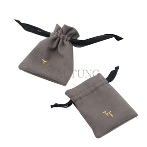 Gray Velvet Jewelry Pouch With Gold Logo Drawstring Closure Rectangular Shape Lined <b>Storage</b> Bag - Product Image 1