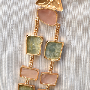 Natural Rose Quartz Long <b>Statement</b> Brass Stone <b>Necklace</b> with Earrings Set for Women-Gift for Her - Product Image 3