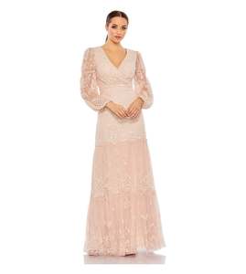 Vestido de noche rosa rubor con lentejuelas, cuello en V, cintura imperio, cola capilla, largo hasta el suelo, de gasa - Product Image 4