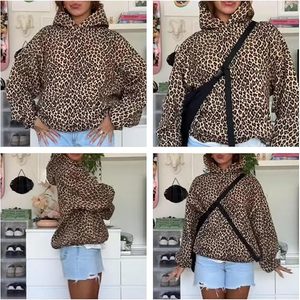 Women's Oversized <b>Leopard</b> <b>Print</b> <b>Hoodie</b> Full Sleeve Drop-Shoulder Fleece Sweatshirt Autumn Wear Breathable Knitted Style - Product Image 5