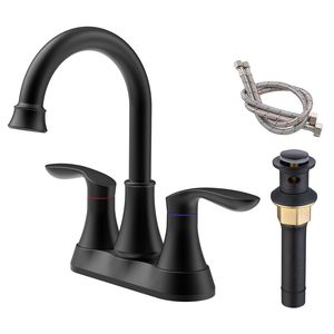 Rubinetto da Bagno Contemporaneo Nero Opaco con 2 Maniglie, Bocca Girevole ad Arco Alto a 360 Gradi, Montaggio Centrale, per Lavabo da 6 Pollici con Scarico a Scomparsa - Product Image 1