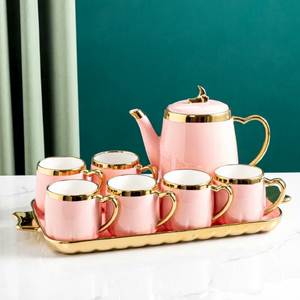Juego de Té de Porcelana Europea de Lujo, Tazas, Tetera, Bandeja, Blanco con Borde Dorado y Plateado, Resistente a la Decoloración, Libre de BPA, Ecológico - Product Image 6