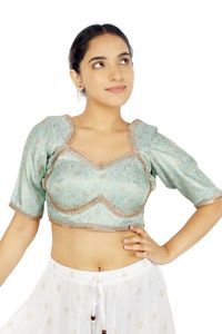 Blouse Courte Femme en Soie Brocart Brodé Floral Vert Clair 100% Soie, Col Carré, Manches Courtes, Robe de Soirée pour Lehenga - Product Image 2