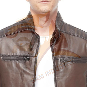 Manteau d'hiver en cuir marron de fabrication professionnelle pour hommes, veste en cuir de haute qualité à col montant pour l'extérieur - Product Image 5