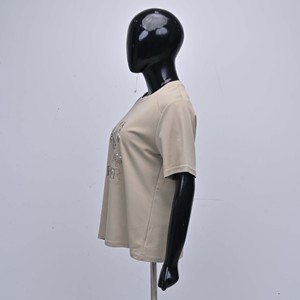 Women Beige Crew Neck Short Sleeve Cotton <b>T</b> <b>Shirt</b> Regular Fit Casual Digital Floral <b>Sequin</b> Embroidery Jersey 220g Spring Summer - Product Image 4