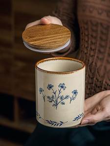 Ceramic Food Storage Containers With Wooden Lids Airtight Minimalist Design Kitchen <b>Spice</b> <b>Jars</b> Handcrafted Cylinder Shape - Product Image 5