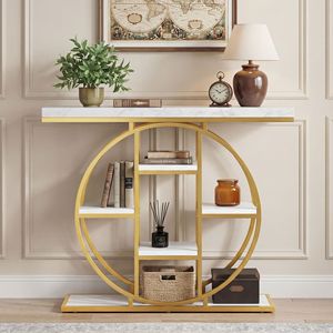 Consolle con Ripiani Portaoggetti da 100 cm, Effetto Marmo Bianco Industriale, in MDF, Tavolo da Divano per Soggiorno, Corridoio, Ingresso, per Magazzino - Product Image 2