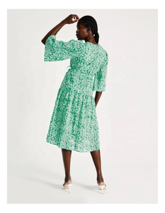 100% coton semi-transparent imprimé manches 3/4 coupe régulière col en V imprimé all-over cravate à la taille robe portefeuille - Product Image 2