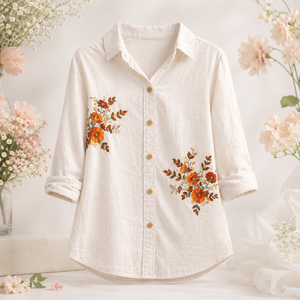 <b>Women</b> Premium White Cotton <b>Shirt</b> Orange Floral Embroidery Full Sleeve Button Down Casual <b>Dress</b> Blouse for B2B Buyers - Product Image 3