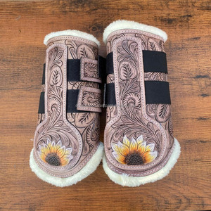 รองเท้าบูทสไตล์อังกฤษหนังวัวลายดอกทานตะวันทำด้วยมือสไตล์ตะวันตกรองเท้าบูทหุ้มข้อหนังแท้อุปกรณ์เสริมสำหรับม้า - Product Image 2